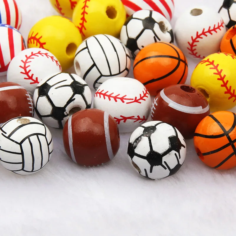 10 peças de contas espaçadoras de beisebol de basquete de 16 mm, bolas redondas de madeira para fazer pulseiras e colares, suprimentos para joias faça você mesmo