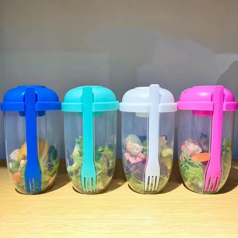 1 peça/copo de salada portátil, tigela de salada de café da manhã com garfo, lancheira escolar, armazenamento de alimentos, caixa bento, iogurte, aveia, cereal, leite, copo