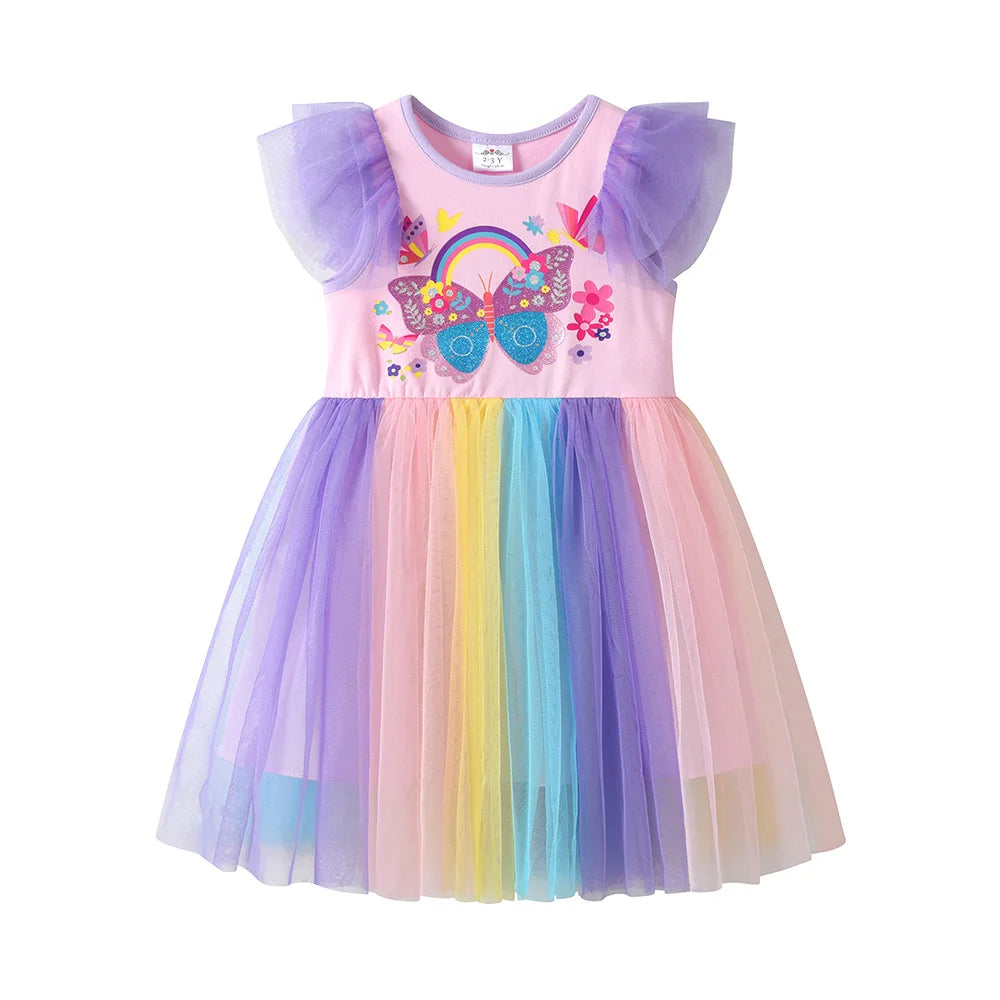 VIKITA Kids Butterfly Flower Print Flare Sleeve Dress Kids Pink Summer Party Vacation Beach Princess Dresses for Kids Clothing