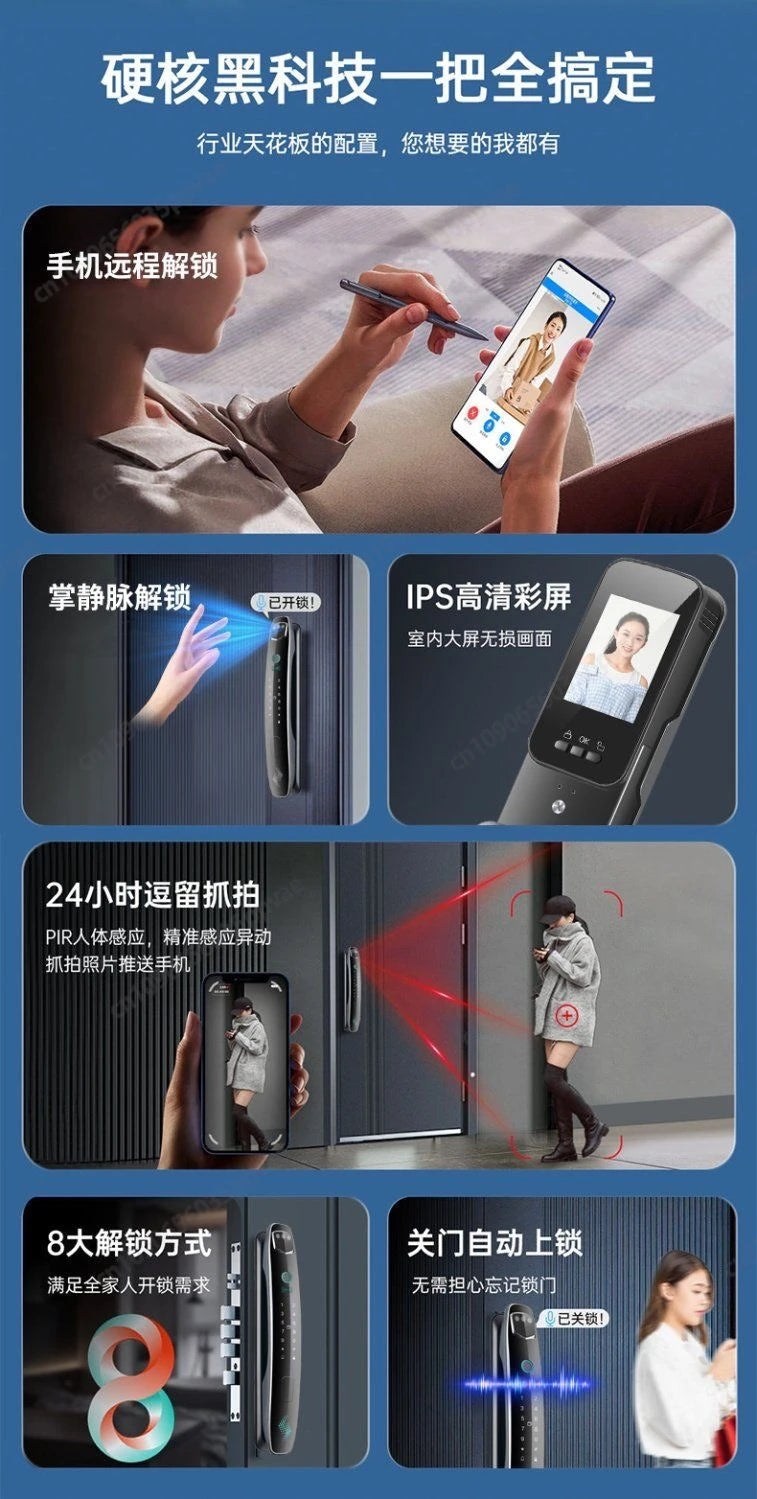 Fechadura de porta inteligente com reconhecimento facial 3D, anti-arrombamento e anti-arrombamento, totalmente automática, trava de impressão digital com senha, interfone, fechadura de porta inteligente
