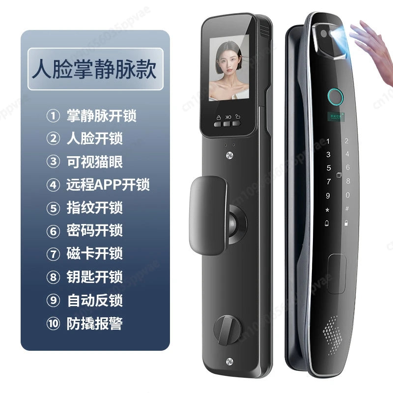 Fechadura de porta inteligente com reconhecimento facial 3D, anti-arrombamento e anti-arrombamento, totalmente automática, trava de impressão digital com senha, interfone, fechadura de porta inteligente