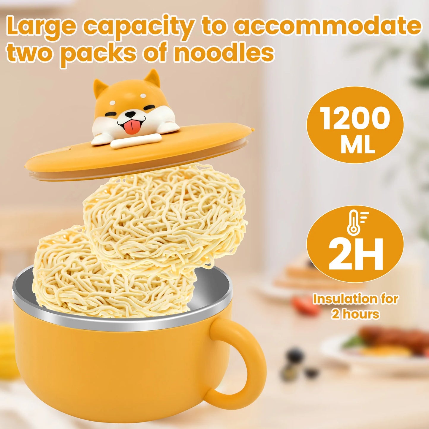 Tigela de macarrão instantâneo de aço inoxidável 1200ml com tampa resistente ao calor para macarrão instantâneo, utensílios de cozinha e utensílios de cozinha