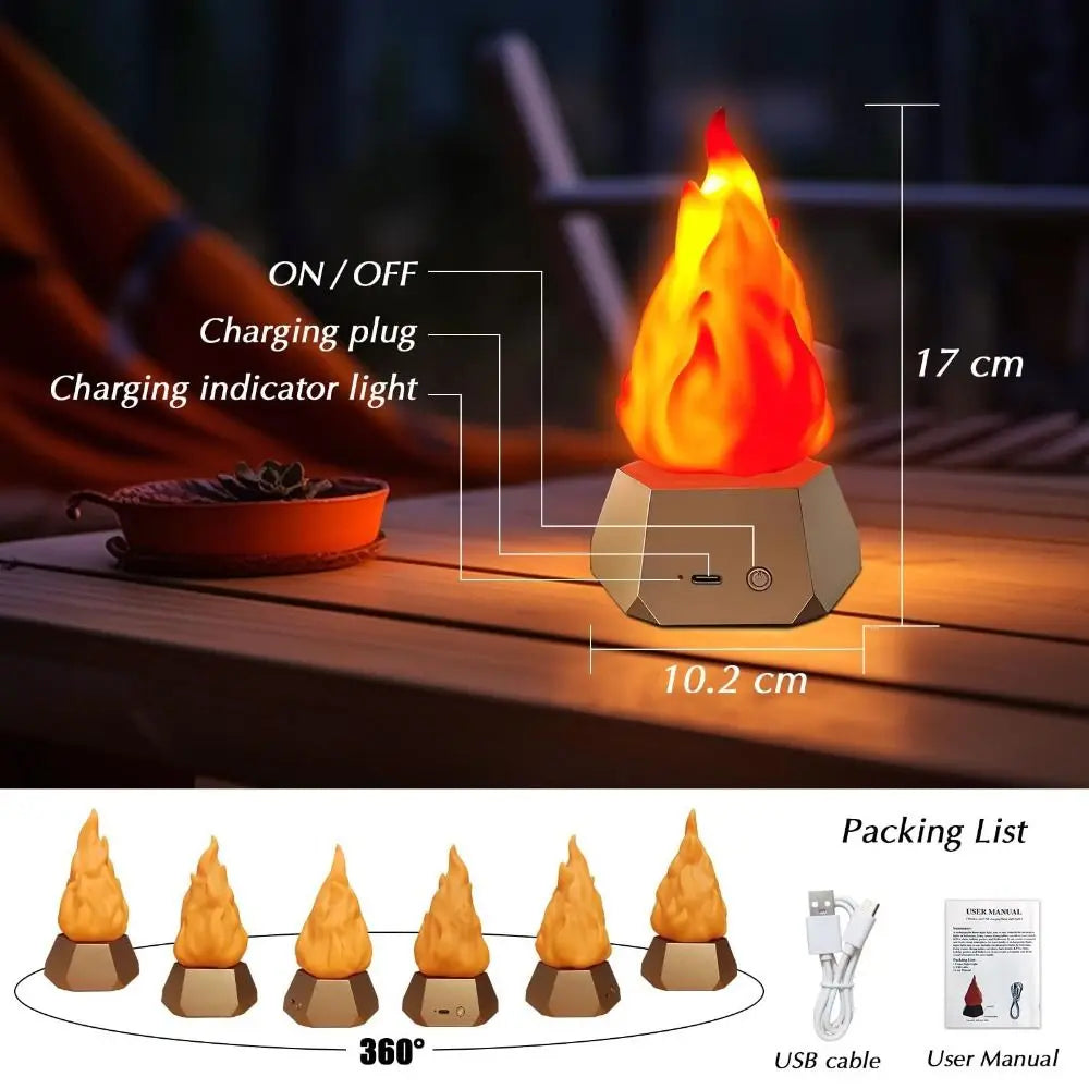 Lâmpada de chama piscante recarregável USB, 35 horas de autonomia, economia de energia, luz noturna de fogo falso 3D, bateria recarregável, 3 modos