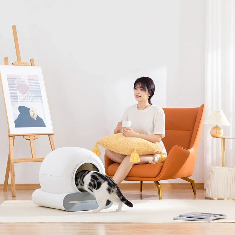 Caixa de areia para gatos inteligente automática 2025, fechada, com controle de aplicação de autolimpeza, fragrância iônica, bandeja de lixo para animais de estimação
