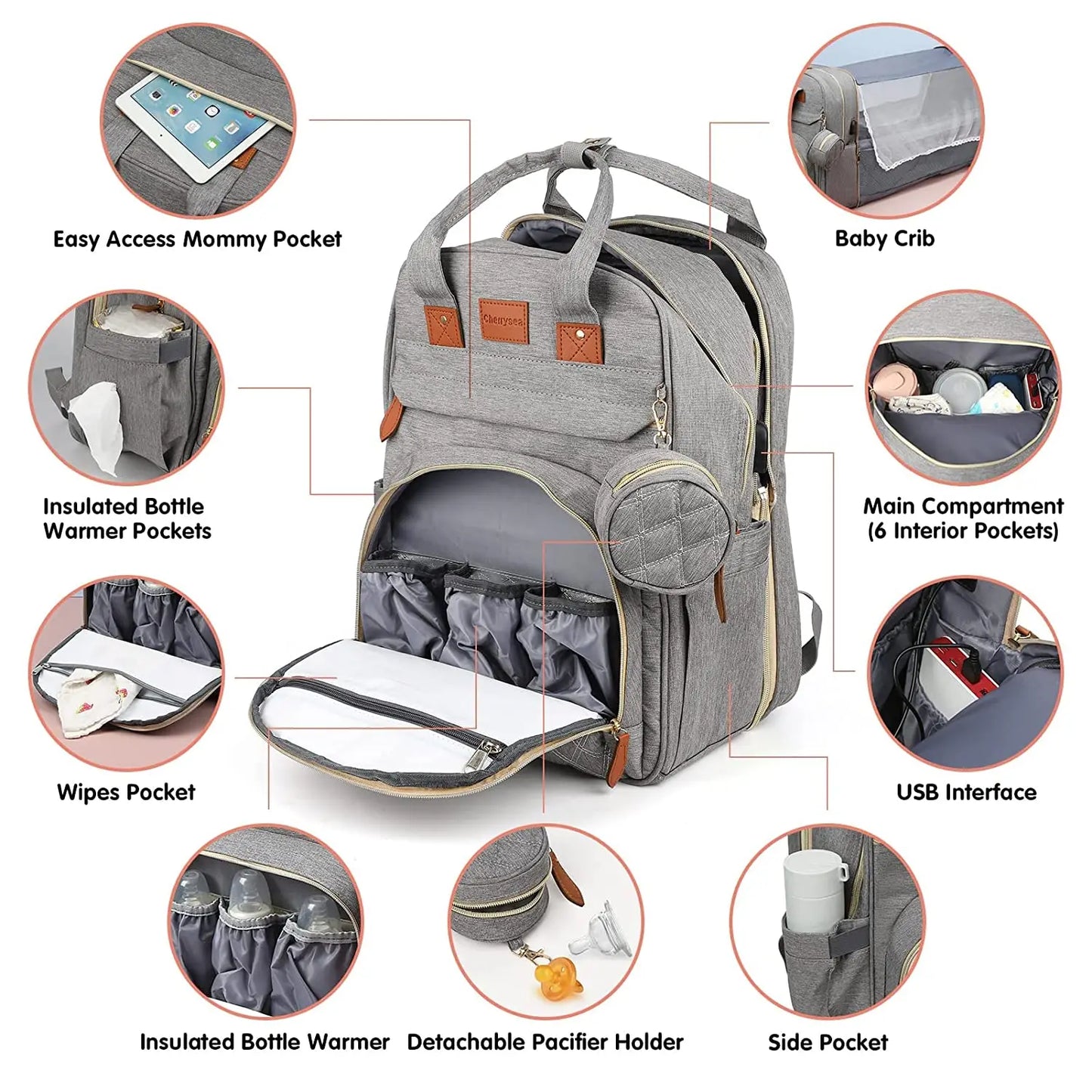 Mochila para fraldas 3 em 1, dobrável, para berço de bebê, à prova d'água, com carregador USB, mochila para fraldas e trocador, 3 tipos