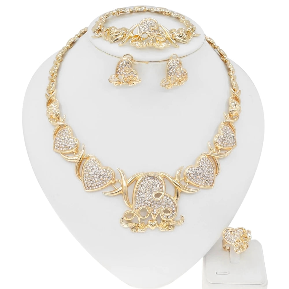 Conjunto de joias Zhuerrui I Love You Hug and Kiss Xoxo com colar e diamantes americanos banhados a ouro, conjunto de joias com urso de pelúcia grande Z0053