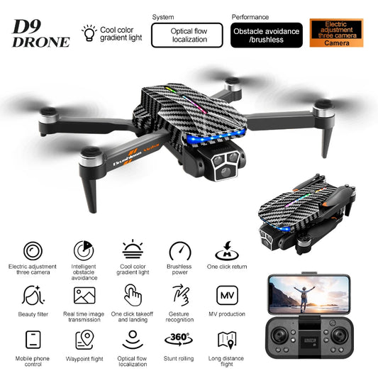 O drone D9 é equipado com streamer de LED gradiente, motor sem escovas, sistema de estabilização eletrônica EIS, anti-interferência de 2,4 GHz