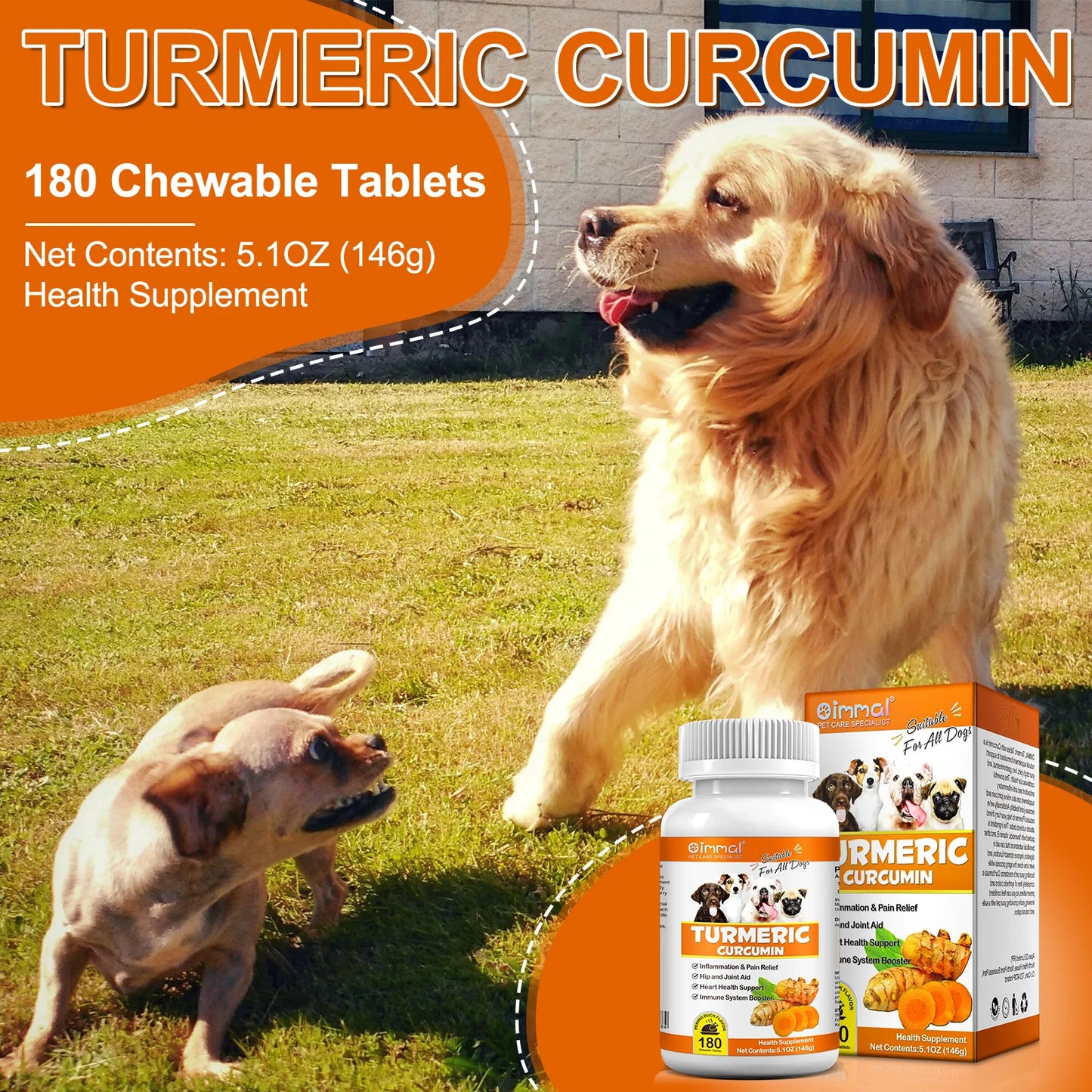 Cúrcuma Curcumina 180 Comprimidos Mastigáveis ​​Suplementos Auxiliam Articulações e Quadris Saúde do Coração Alívio da Inflamação e Dor para Cães