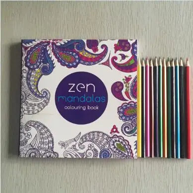 12 lápis de cor + 128 páginas Zen Mandalas Livro de colorir para adultos e crianças Alivia o estresse Mata o tempo Jardim secreto Livro de arte