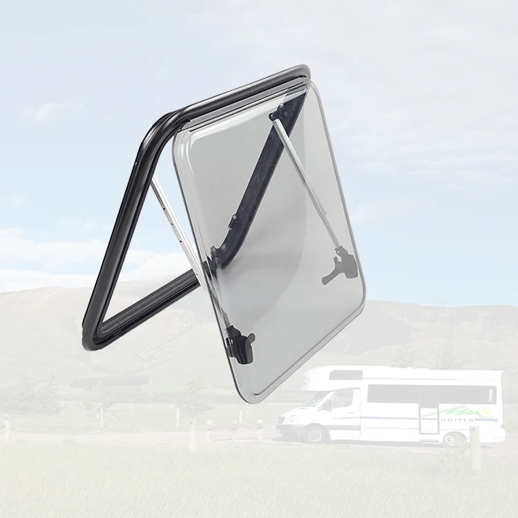 Janela lateral de caravana com dobradiça superior de 900*450 mm de acrílico anti-UV de alto desempenho para trailers e vans na China