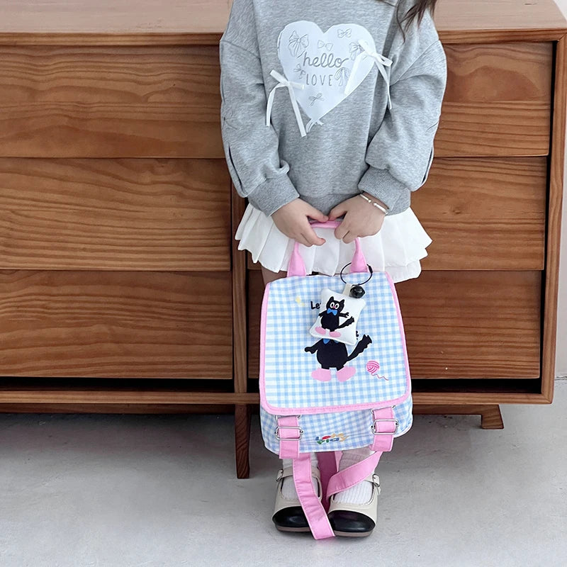 Mochila escolar de lona com estampa de desenho animado para meninas, mochila infantil estilosa e colorida com fecho de zíper