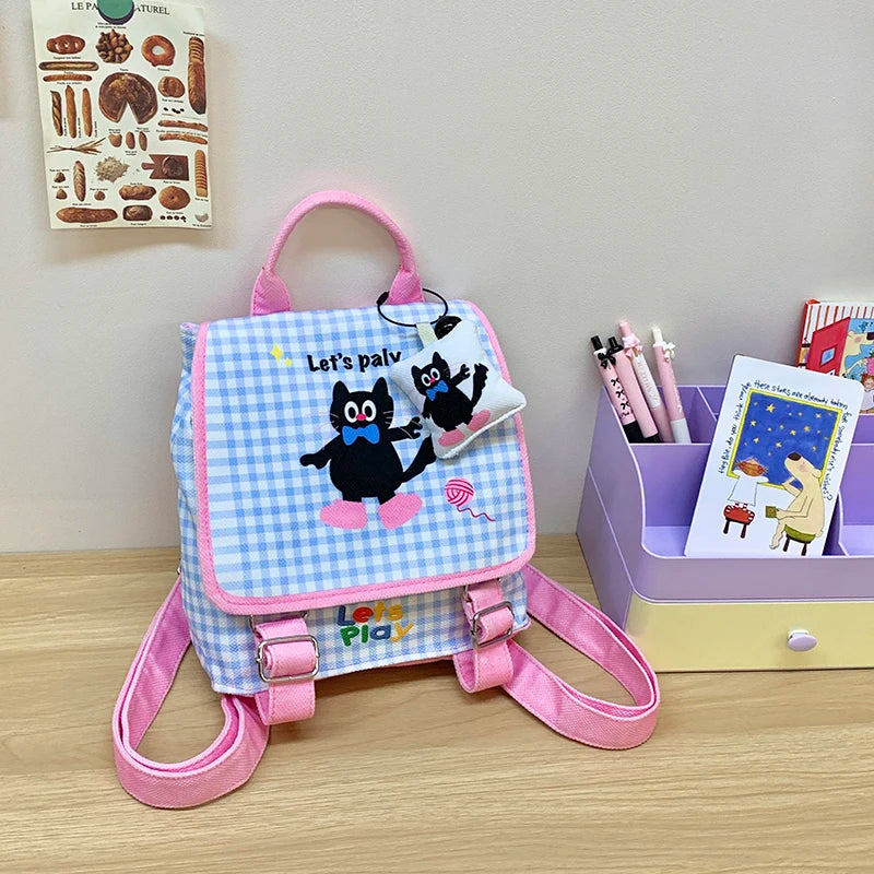 Mochila escolar de lona com estampa de desenho animado para meninas, mochila infantil estilosa e colorida com fecho de zíper
