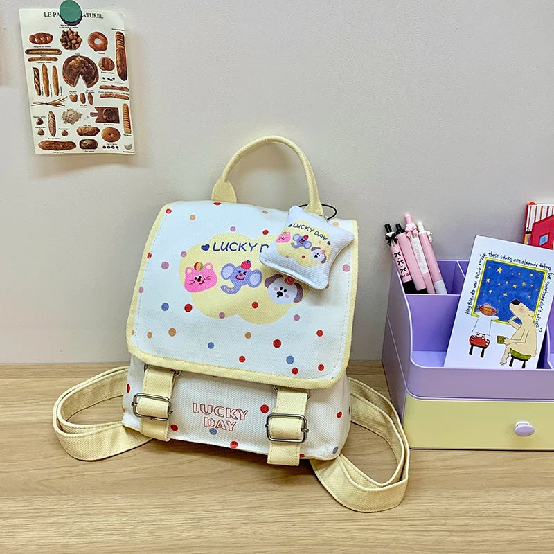 Mochila escolar de lona com estampa de desenho animado para meninas, mochila infantil estilosa e colorida com fecho de zíper