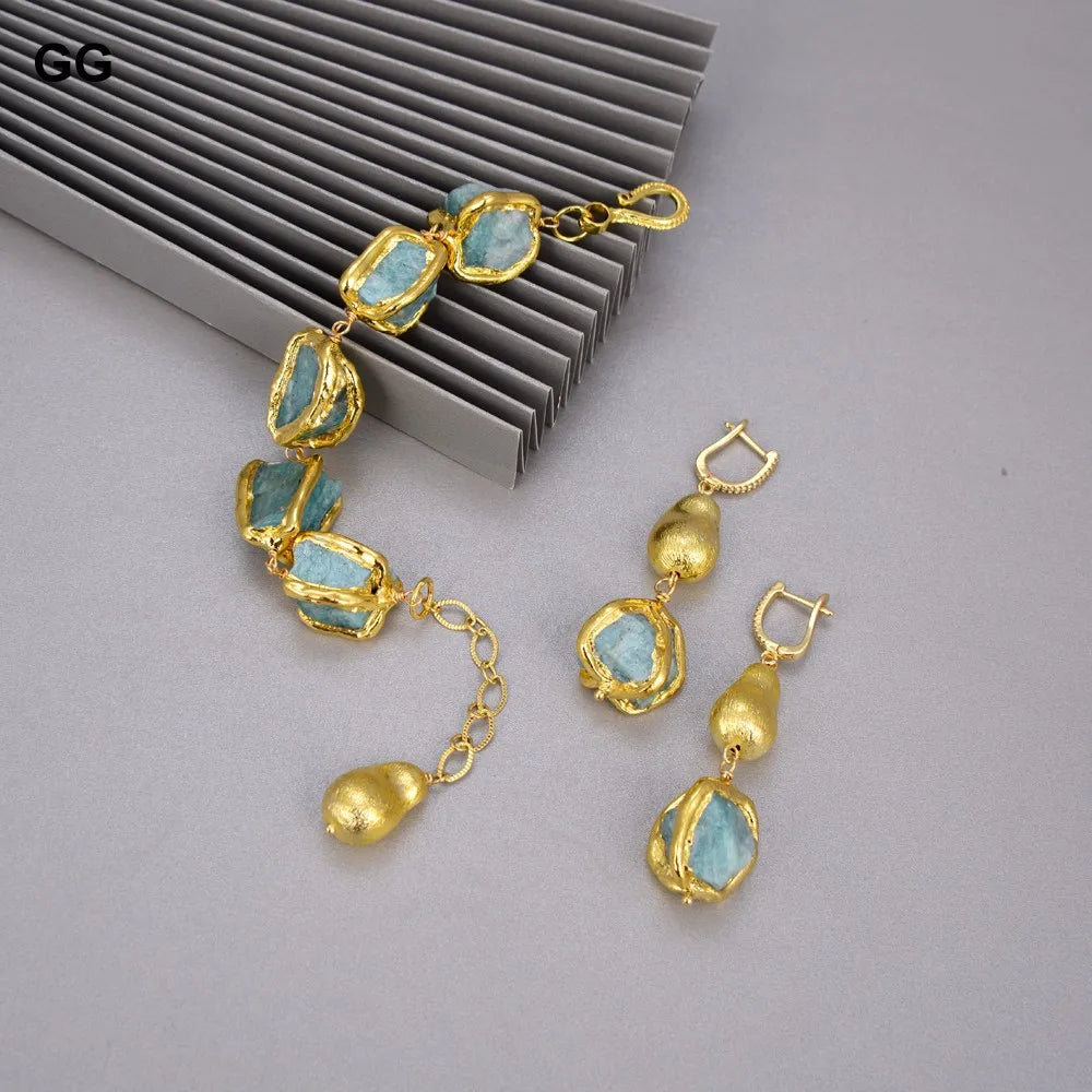 GuaiGuai Jewelry Natural Blue Amazonites Rough Nugget With Electroplated Edge Bracelet Dangle Hook Earrings Sets For Women