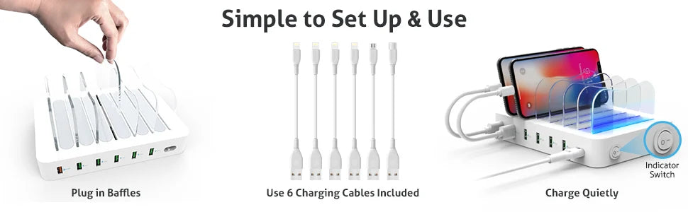 Estação de carregamento USB SooPii 50W/10A com 6 portas para casa e escritório. 6 cabos incluídos para telefones, tablets e outros eletrônicos.
