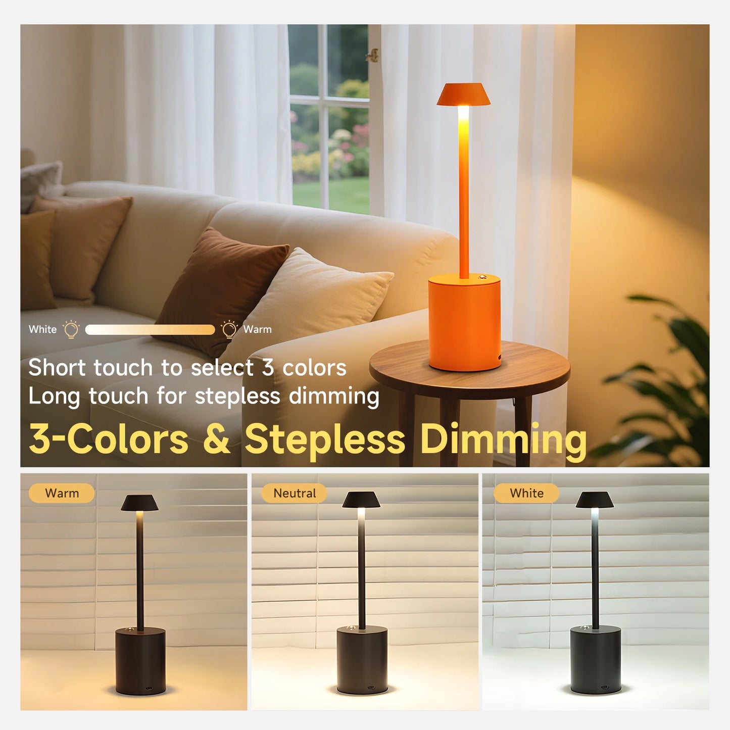 Luminária de mesa LED recarregável por USB, moderna, com toque, para ambientes internos e externos, com abajur cônico, para quartos, casas, sem fio, restaurantes e bares
