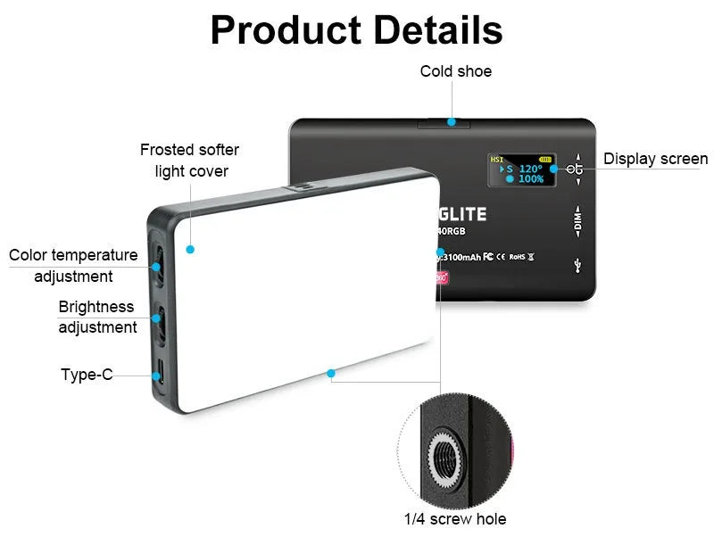 20 efeitos de luz mini RGB LED luz de vídeo fotografia painel de iluminação na câmera com CRI95 + 2500-9000K display LCD sapata fria
