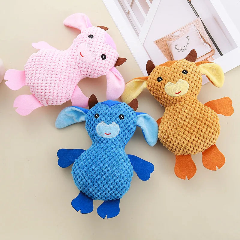 Novidade desenho animado fofo pelúcia vaca corajosa bonecas limpeza dentes gato cachorro animal de estimação brinquedos sonoros