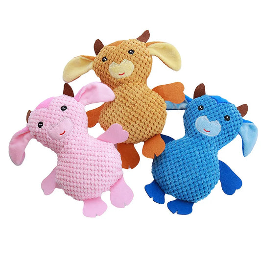 Novidade desenho animado fofo pelúcia vaca corajosa bonecas limpeza dentes gato cachorro animal de estimação brinquedos sonoros
