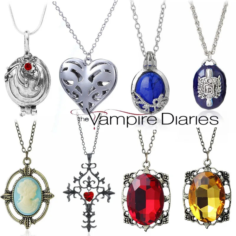Colar The Vampire Diaries Elena Gilbert Colares para Mulheres Joias de Filme Pingente Katherine Klaus Forbes Gargantilha de Pedra Azul