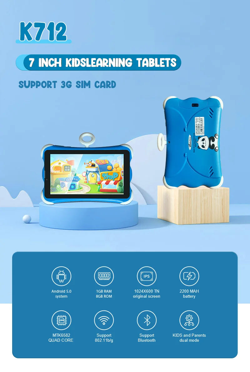 Tablet infantil Wintouch K712 com sistema Android 10, novo modelo, 7 polegadas, 2 GB, 16 GB de ROM, tablet para jogos Android com slot para cartão SIM