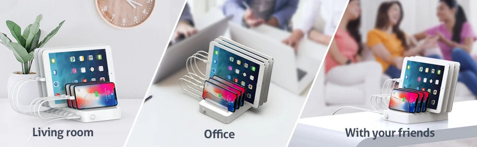 Estação de carregamento USB SooPii 50W/10A com 6 portas para casa e escritório. 6 cabos incluídos para telefones, tablets e outros eletrônicos.