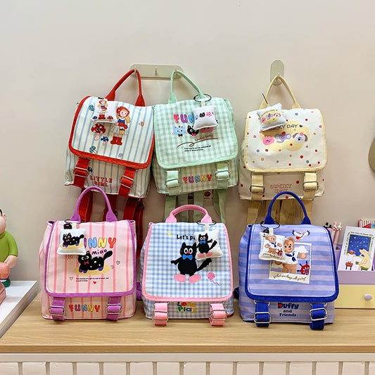 Mochila escolar de lona com estampa de desenho animado para meninas, mochila infantil estilosa e colorida com fecho de zíper
