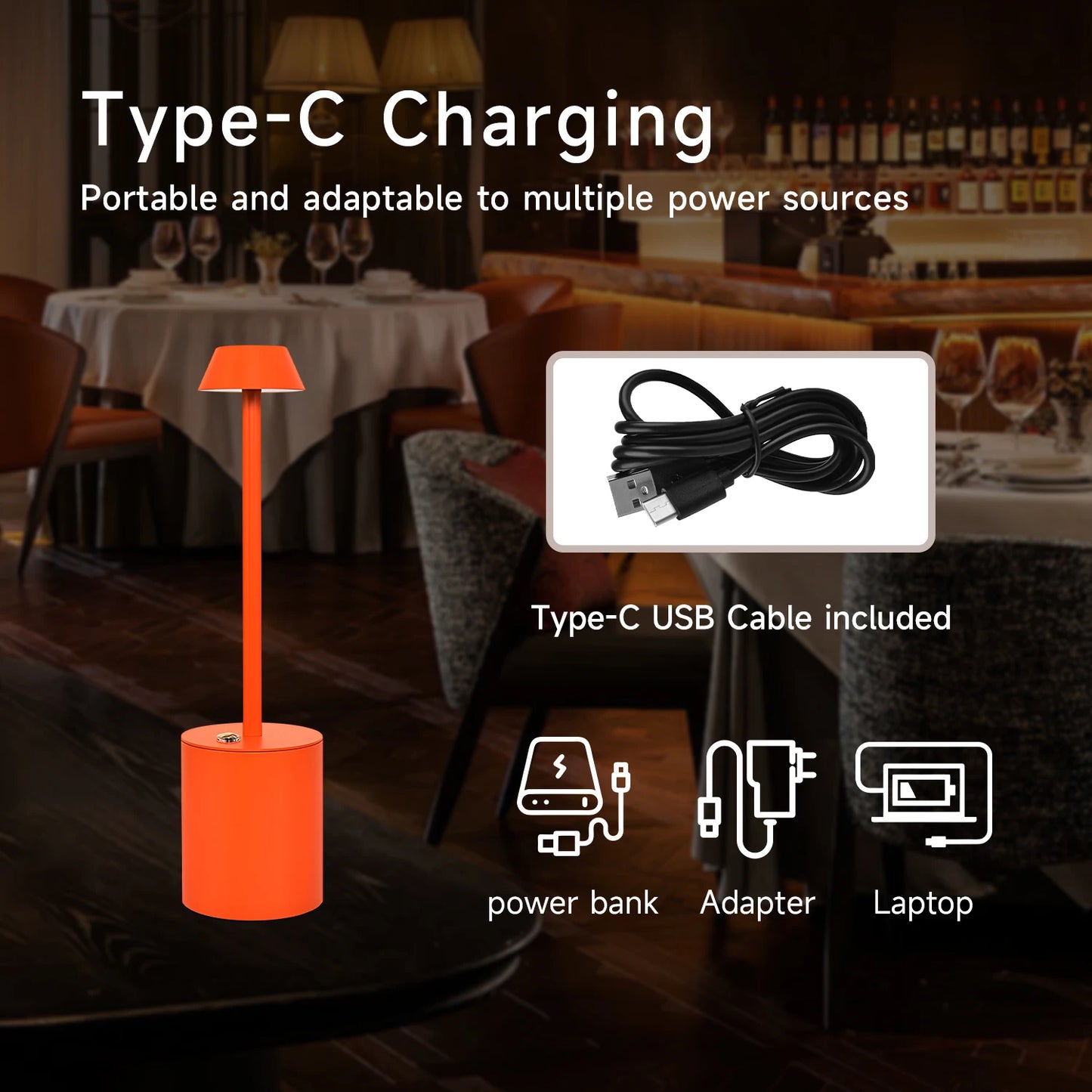 Luminária de mesa LED recarregável por USB, moderna, com toque, para ambientes internos e externos, com abajur cônico, para quartos, casas, sem fio, restaurantes e bares