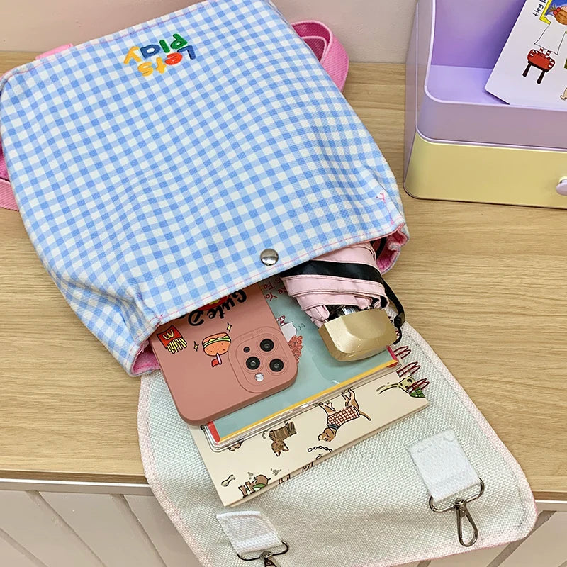 Mochila escolar de lona com estampa de desenho animado para meninas, mochila infantil estilosa e colorida com fecho de zíper