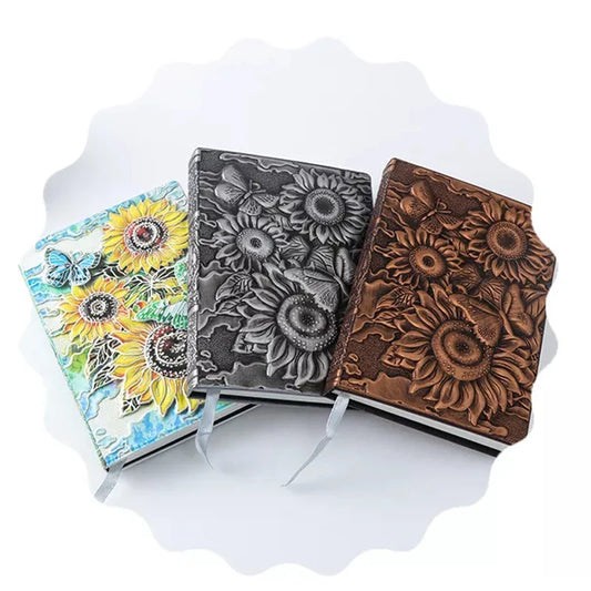 Caderno de notas A5 luxuoso europeu retrô com girassol, bloco de notas exclusivo personalizado, couro sintético esculpido, capa em relevo