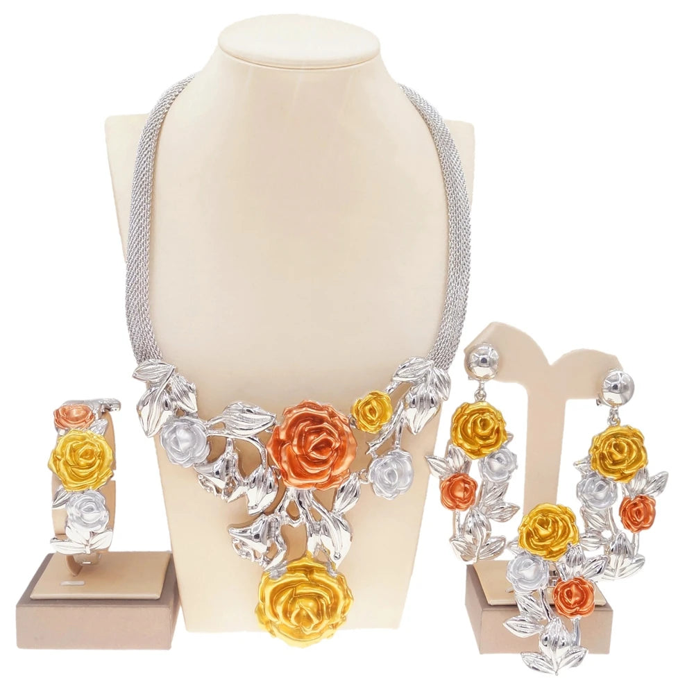 Conjunto de joias grandes de ouro brasileiro de alta qualidade Zhuerrui, acessórios clássicos para festa de casamento, joias, conjuntos de colares italianos H0085