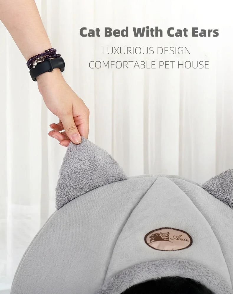 Cama para animais de estimação com orelhas de gato, cama para gatos pequenos, médios e grandes. Mantenha-se aquecido no inverno. Confortável e macio. Lavável à máquina.
