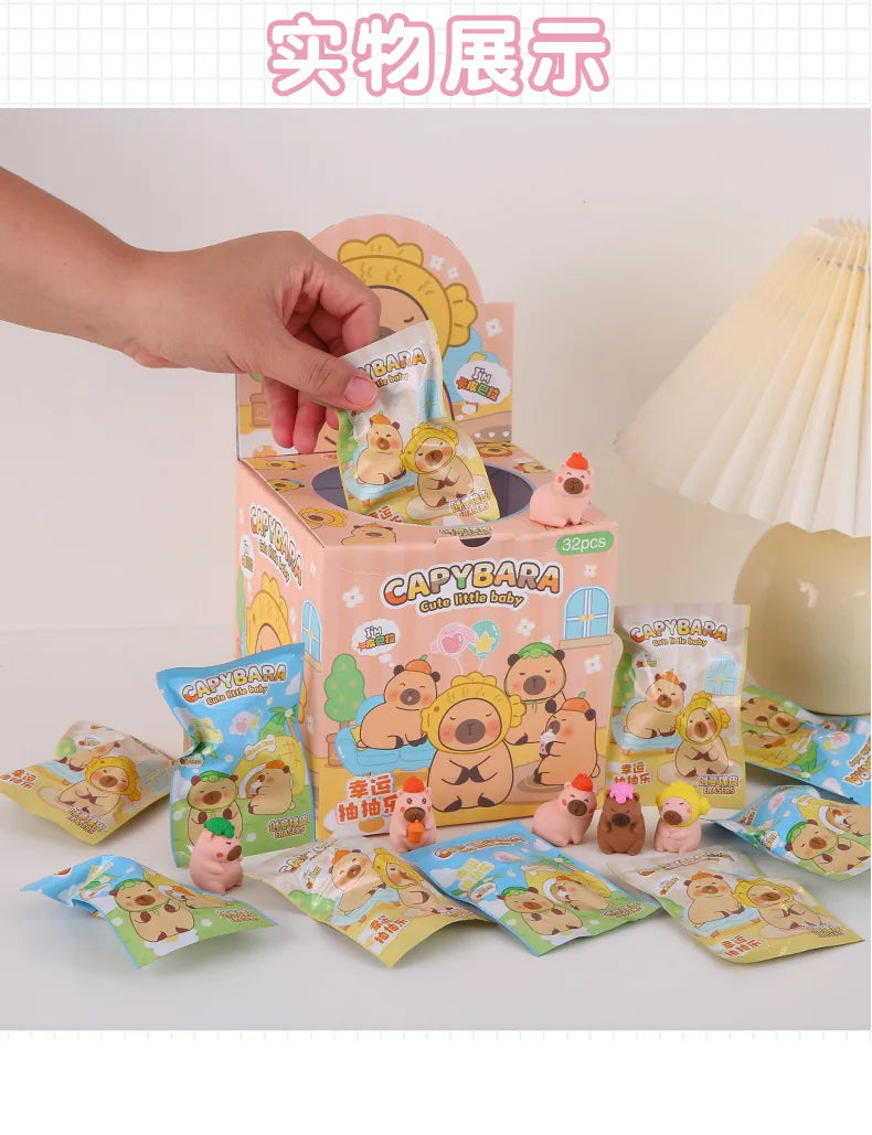 32 unidades/caixa bolsa surpresa de capivara fofa com desenho animado borracha material de papelaria para estudantes atacado