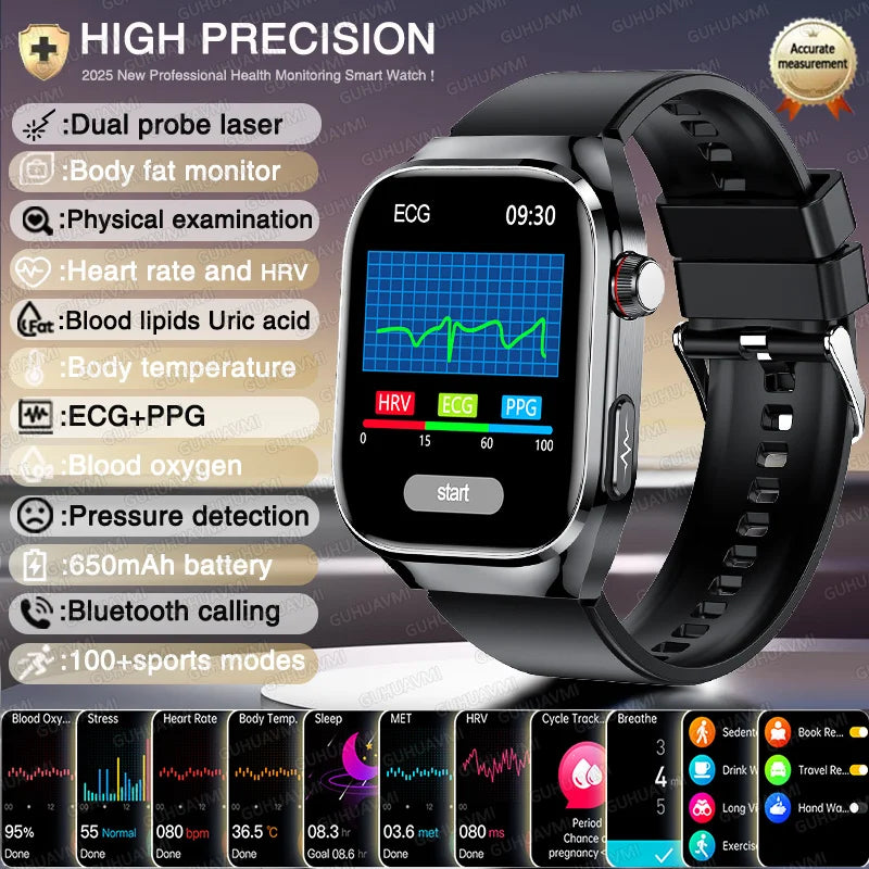 Novo relógio inteligente para Android e iOS, monitor de saúde, masculino e feminino, com precisão de ECG e PPG para ácido úrico e pressão arterial, análise de órgãos e corpo, 2025