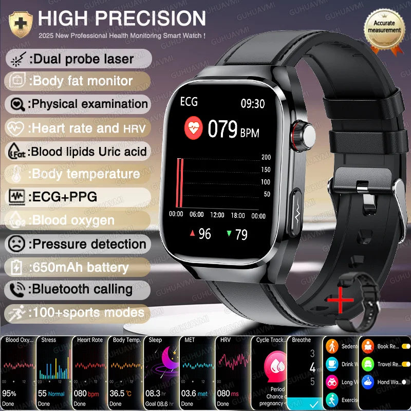 Novo relógio inteligente para Android e iOS, monitor de saúde, masculino e feminino, com precisão de ECG e PPG para ácido úrico e pressão arterial, análise de órgãos e corpo, 2025