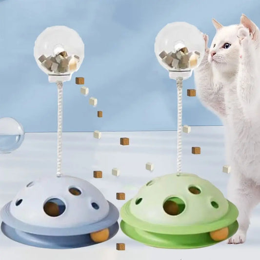 Bola de comida de plástico para gatos, brinquedo interativo com haste de mola, bola de brinquedo giratória destacável para gatos