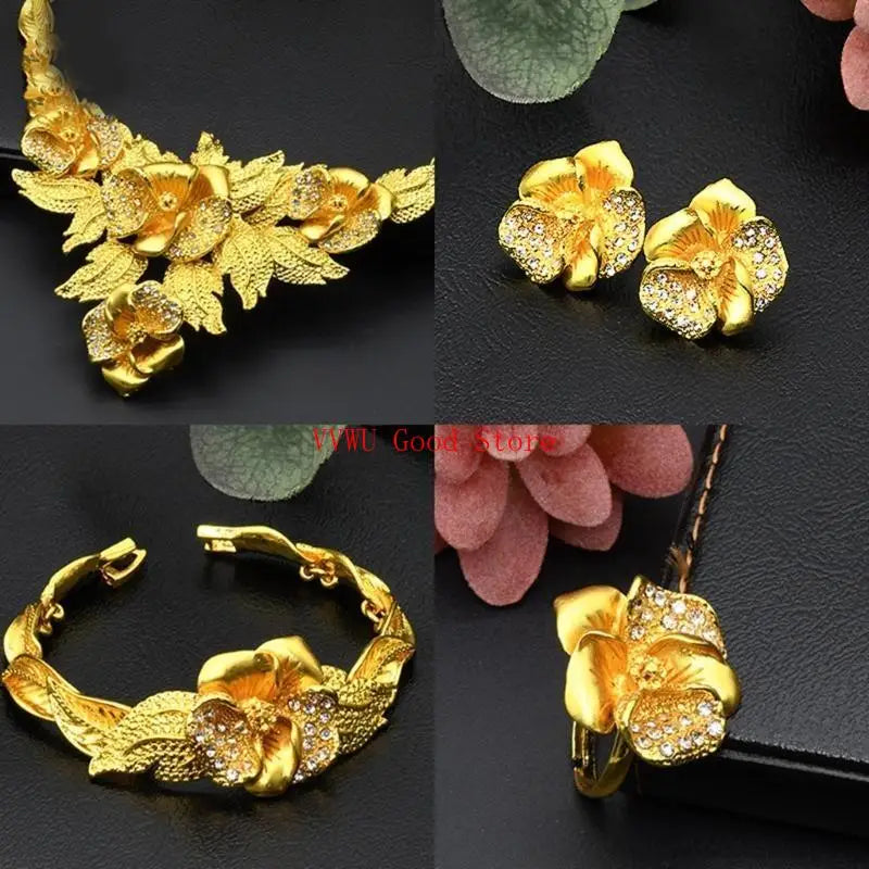 Conjunto de joias florais com strass dourados resistentes, acessório de moda portátil para noivas e festas noturnas