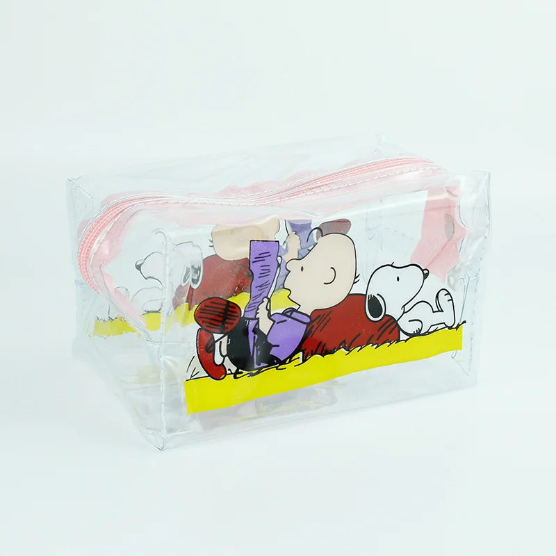 Bolsa de maquiagem feminina Snoopy Outdoor Girl, necessaire transparente, organizadora de viagem, desenho animado, fashion, pequena bolsa para itens de higiene pessoal