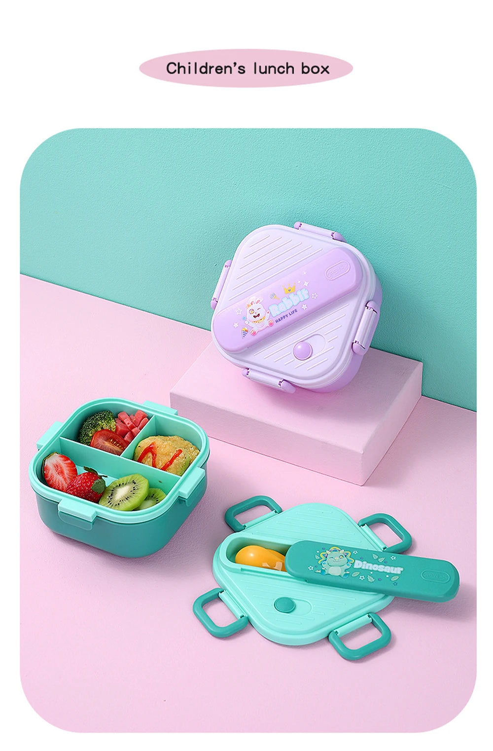 Lancheira de unicórnio com 3 grades para crianças, estudantes, sanduíche, frutas, recipiente para armazenamento de alimentos, caixa de bento de desenho animado para acampamento escolar