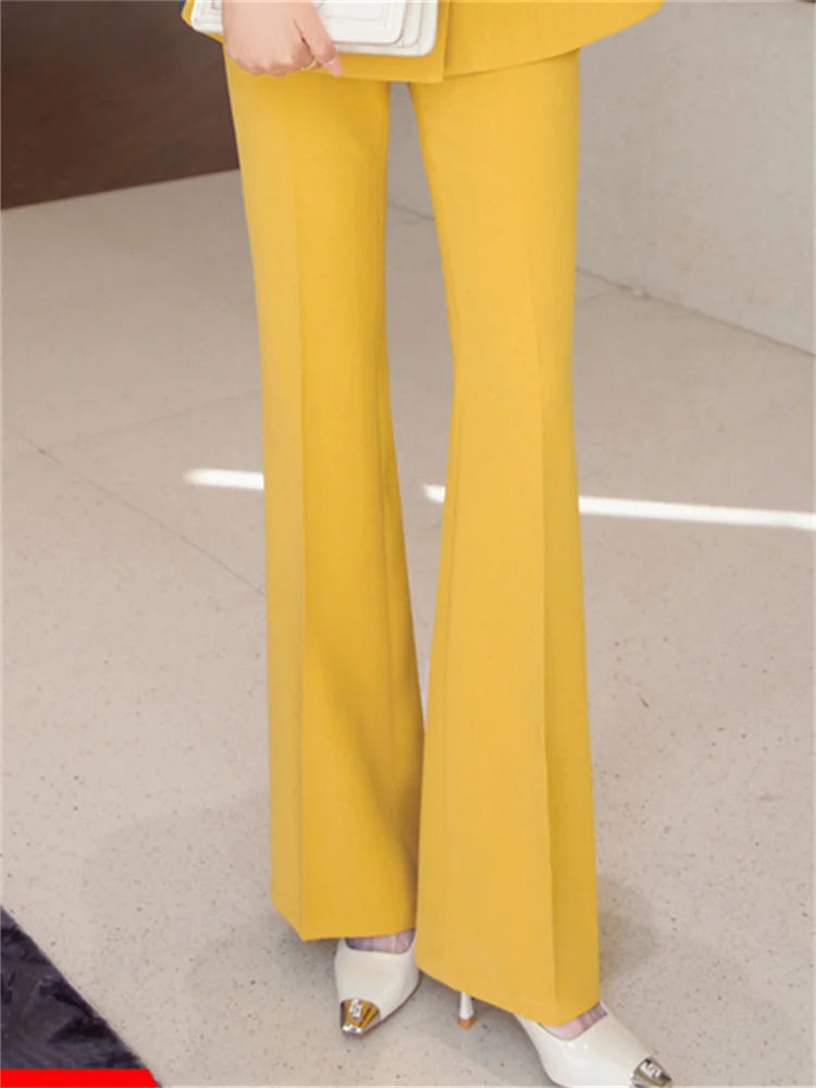 Yitimuceng Conjunto de 2 peças feminino para escritório, nova moda 2025, blazers de manga comprida com lantejoulas, calças flare de cintura alta chiques