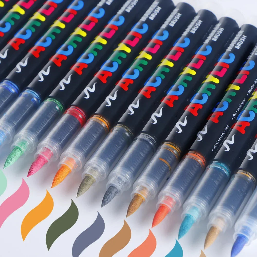 Conjunto de canetas marcadoras acrílicas coloridas, 12 a 48 cores, à prova d'água, para scrapbook, faça você mesmo, ponta de pincel, desenho, tinta, marcador, arte, material escolar, papelaria