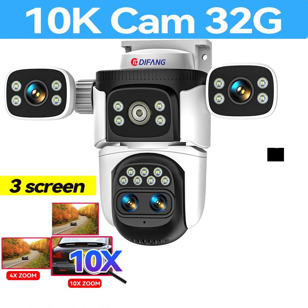 Câmera externa 10K com zoom óptico de 10X WiFi6, tela de 20MP rThree, quatro lentes PTZ, rastreamento automático, lente dupla 6K, à prova d'água, CFTV de segurança