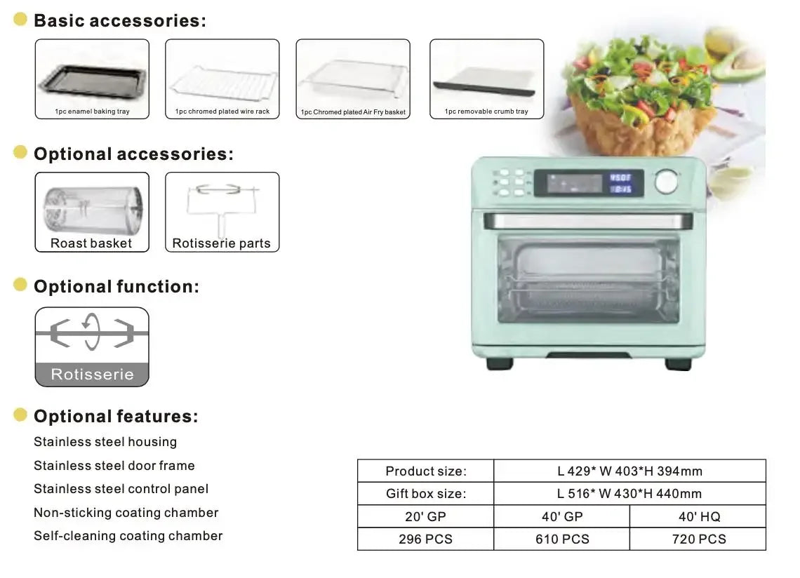 %a Tela digital de 24L, aquecedor de fritadeira elétrica multifuncional, fritadeira de ar personalizada preta e prateada de grande capacidade