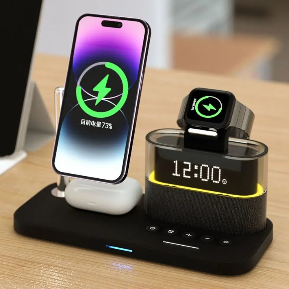 Carregador sem fio Qi2 5 em 1, carregamento rápido de 15 W, suporte magnético com despertador e suporte para carregamento de telefone