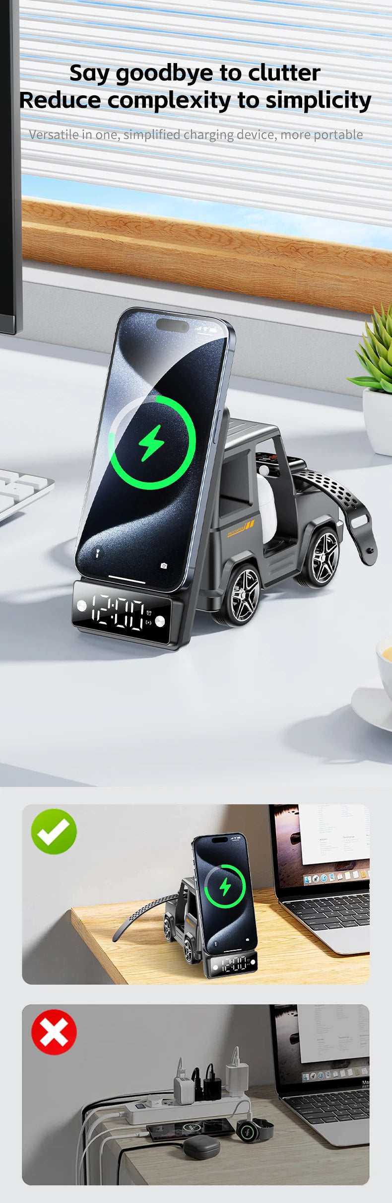 Suporte para carregador sem fio 6 em 1 para carro, formato inovador de carro, carregador de mesa de carregamento rápido de 15 W, ótima ideia para presente