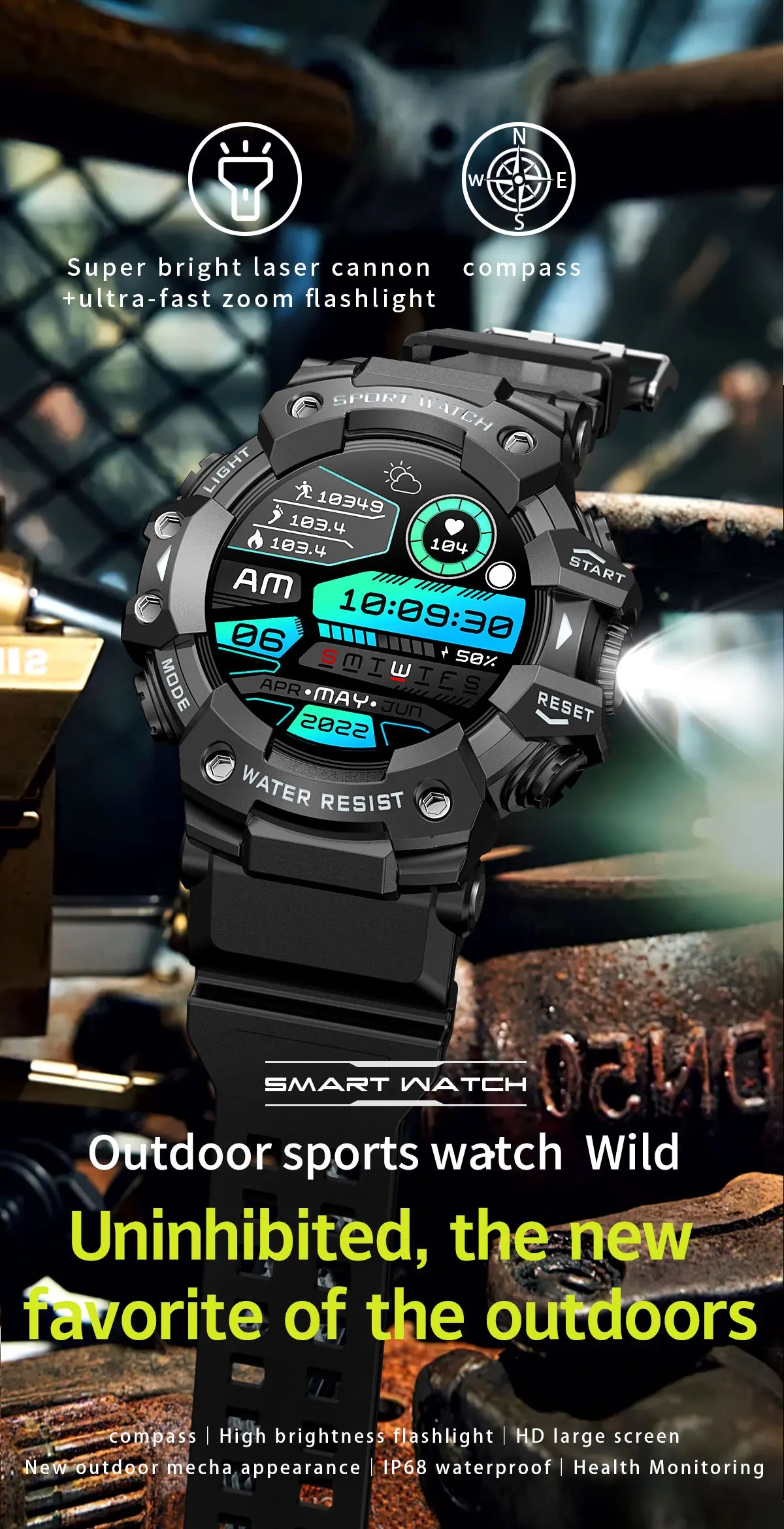 Novo relógio inteligente esportivo robusto para atividades ao ar livre 2025, masculino, com chamada Bluetooth, colorido, IP68, à prova d'água, bússola militar, relógio inteligente, lanterna