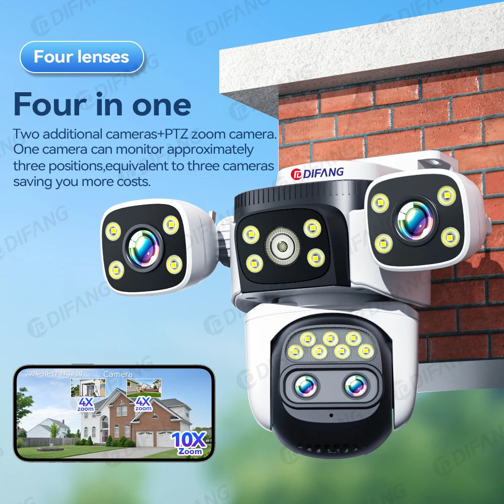Câmera de segurança externa 10K WiFi6 com três telas, 20MP CCTV, câmera IP externa com zoom de 10X, 8K e 15MP, câmera de vigilância por vídeo