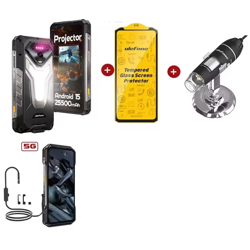 Ulefone Armor 34 Pro 5G, telefone robusto com IA, 32 GB + 512 GB, 25.500 mAh, 6,95" com projetor integrado, 120 Hz, Android 15, MTK 7300, NFC