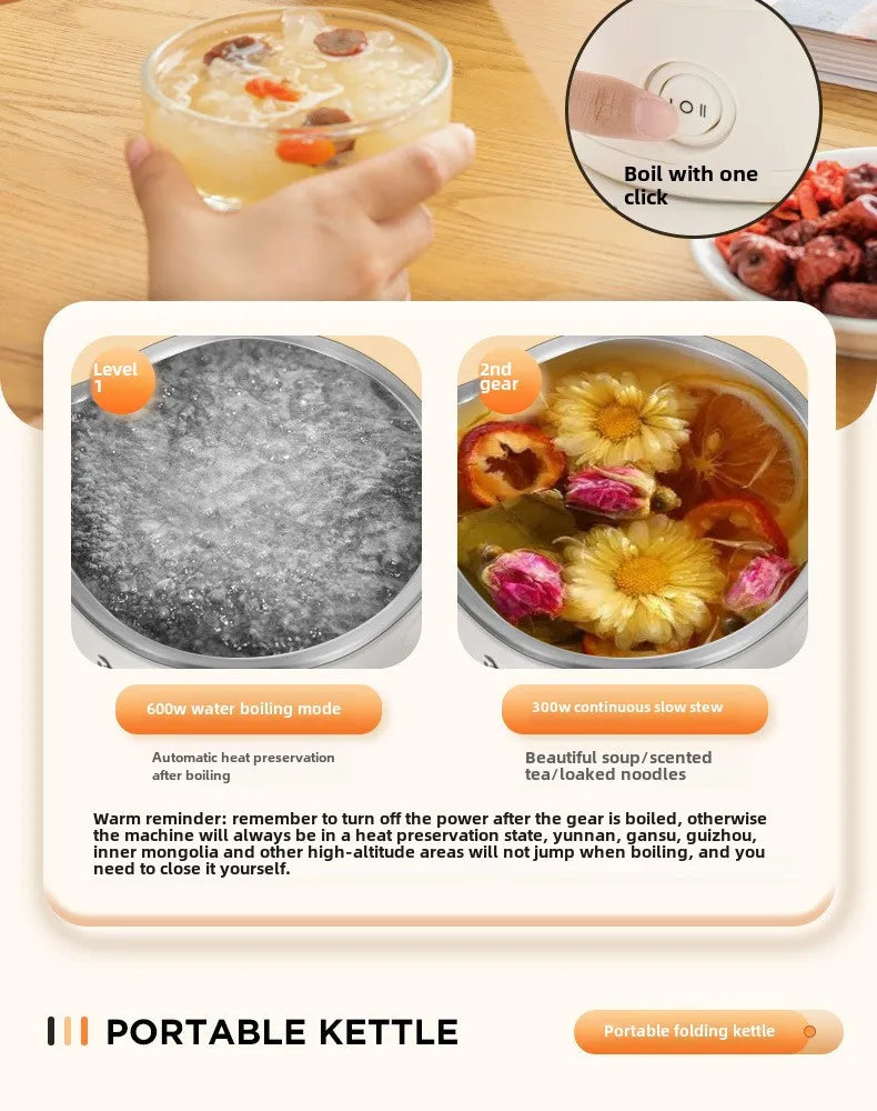 Chaleira dobrável para viagem, pequena chaleira dobrável portátil para áreas externas, aço inoxidável 304, chaleira elétrica