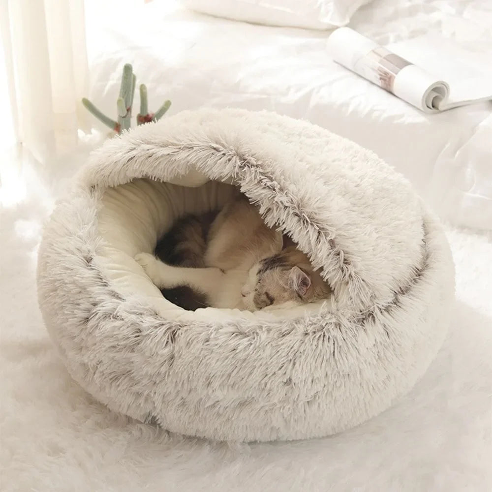 Cama de pelúcia longa e macia para animais de estimação, fechada, redonda, almofada para gatos, confortável, saco de dormir, ninho para gatos, canil para pequenos animais de estimação